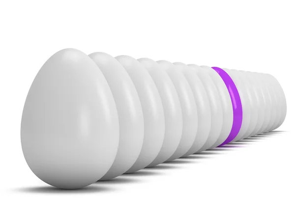 Purple egg in a row of the white eggs. 3D. — Stock Photo, Image