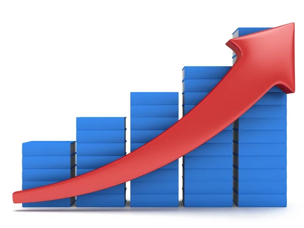 Blue books graph with red arrow — Stock Photo, Image