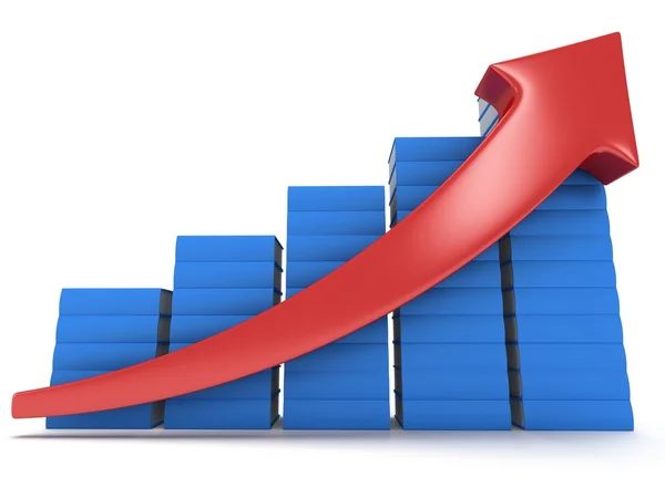 Blue books graph with red arrow — Stock Photo, Image