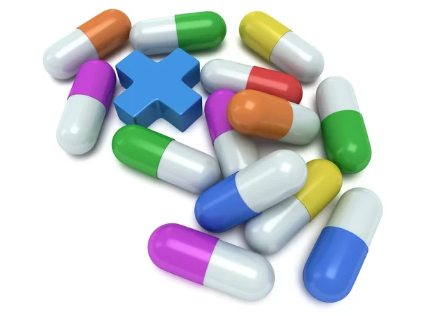 Medical cross and pale of pills 3d — Stock Photo, Image