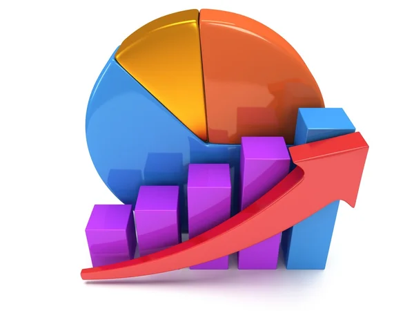 Gráfico de barras con flecha roja y gráfico circular — Foto de Stock