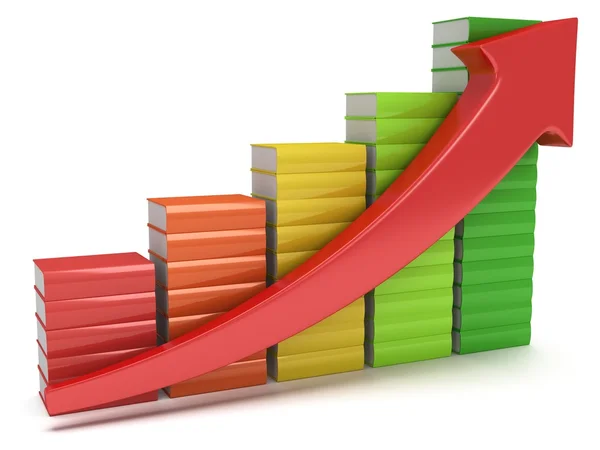 Colored books graph with red arrow — Stock Photo, Image