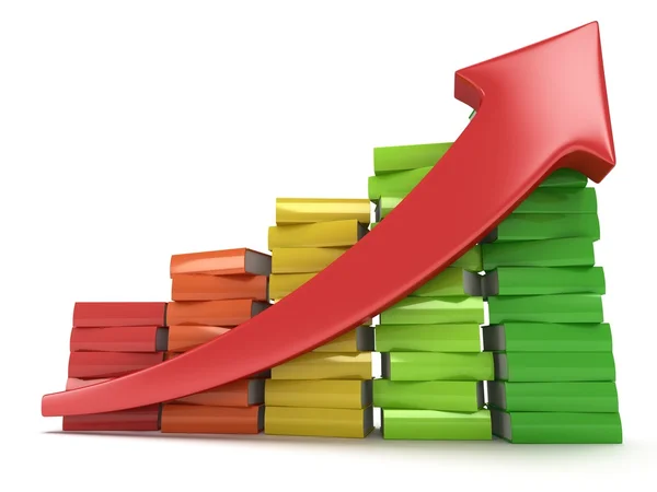 Colored books graph with red arrow — Stock Photo, Image