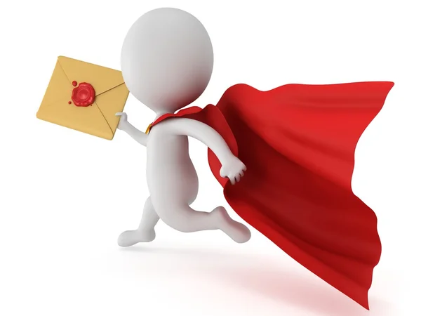 3d homem valente super-herói e envelope de correio — Fotografia de Stock