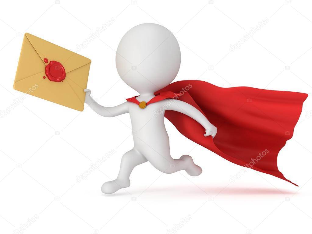 3d man brave superhero and mail envelope