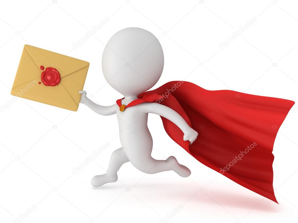 3d man brave superhero and mail envelope