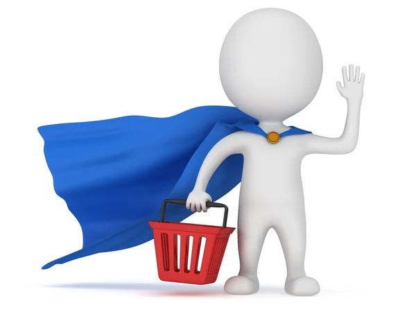 Modiga superhjälte shopper med blå kappa — Stockfoto