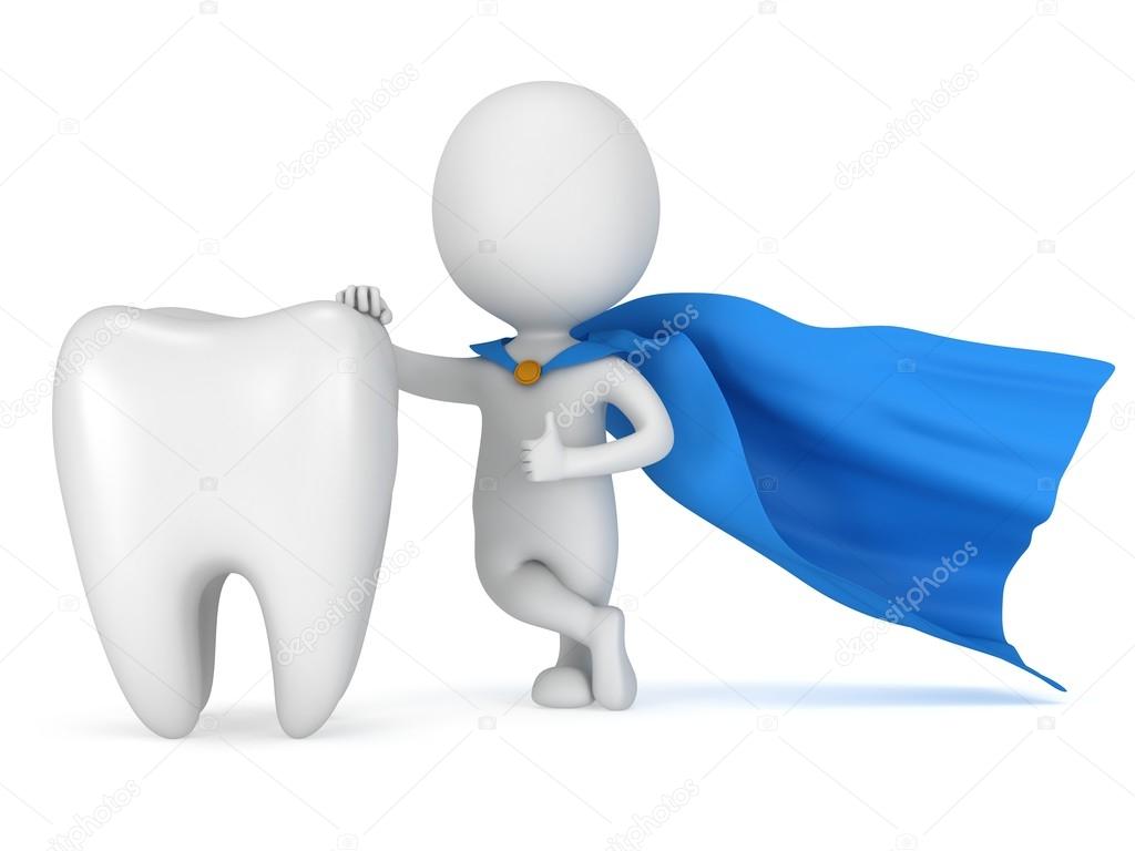 Brave superhero dentist with big white tooth