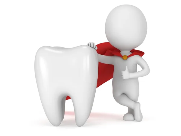 Brave superhero dentist with big white tooth — Stock Photo, Image