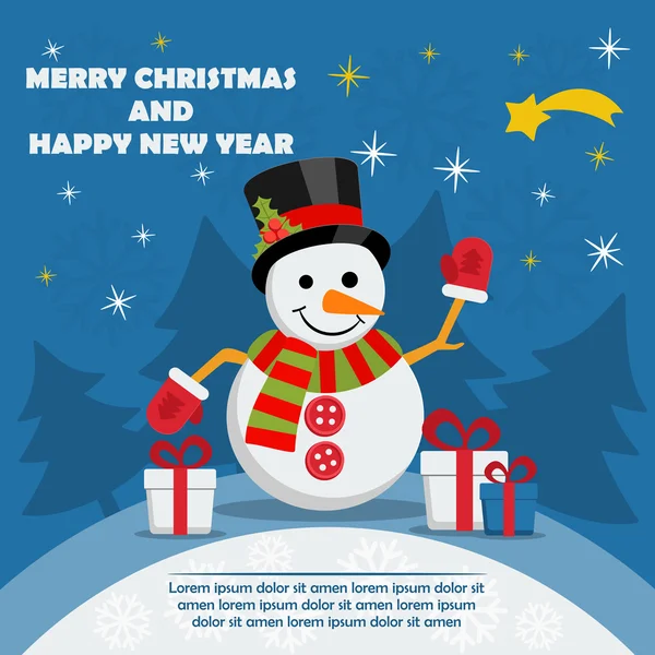 Snowman with gift boxes on Christmas Eve. — Stock Vector
