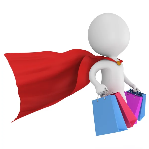 Brave superhero shopper with red cloak — Stock Photo, Image