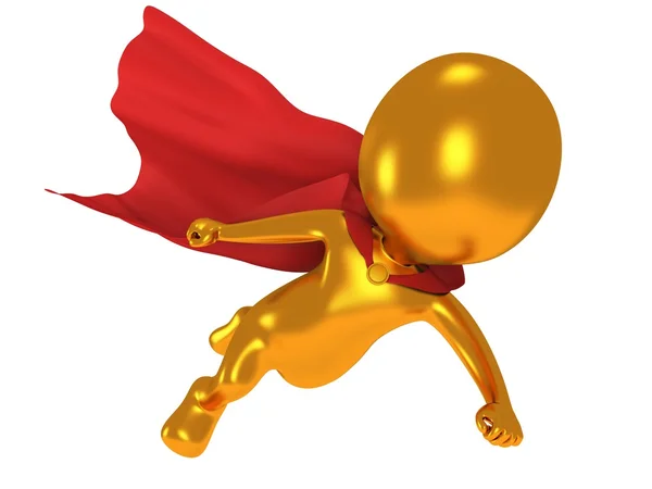 3d tapferer Superheld mit rotem Mantel fliegt über — Stockfoto