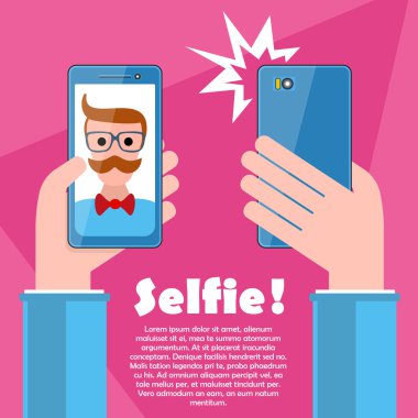 Selfie poster hipster smartphone vektör holding ile.