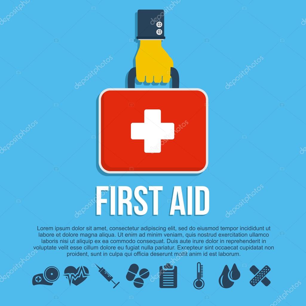First aid kit concept with hand holding medicine chest with cross and healthcare icons flat vector illustration