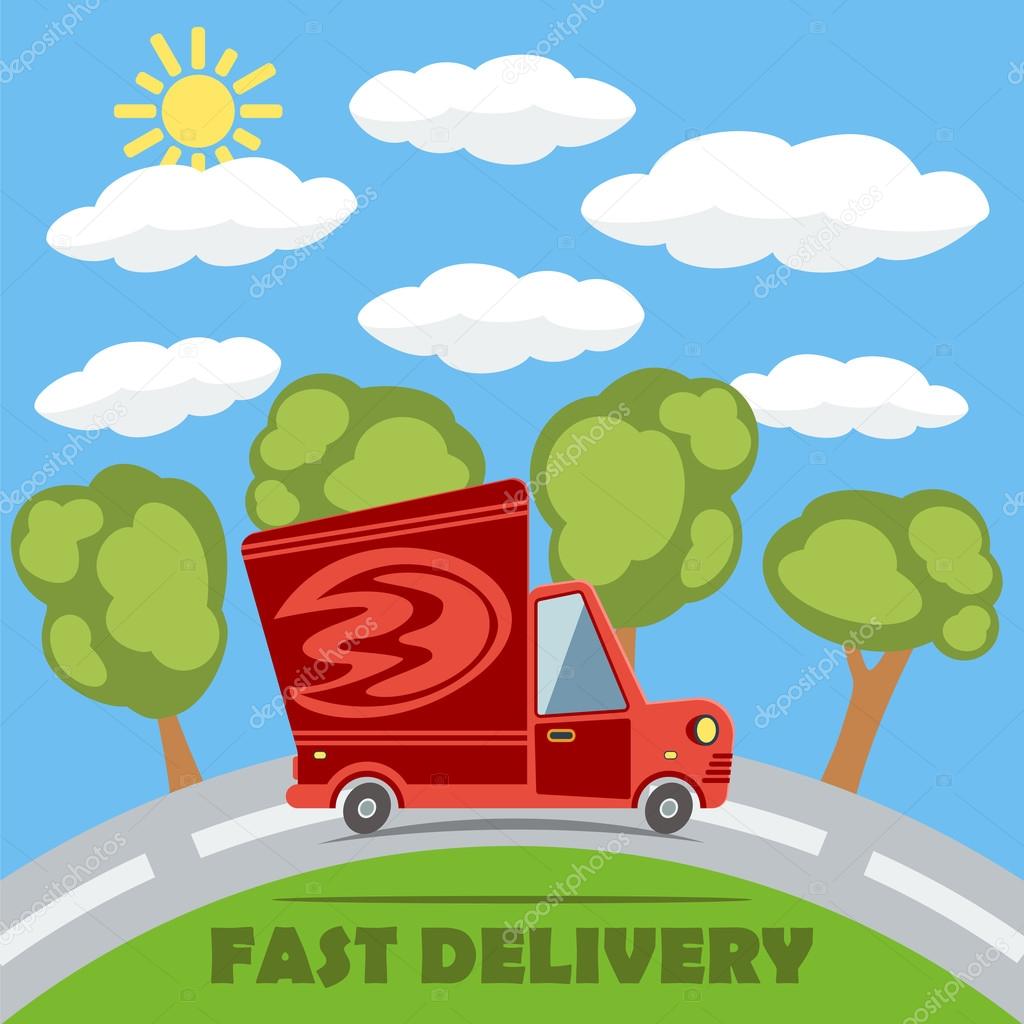 Fast delivery van truck with fire vinyl logo on the road with trees, clouds and sun. Vector concept.