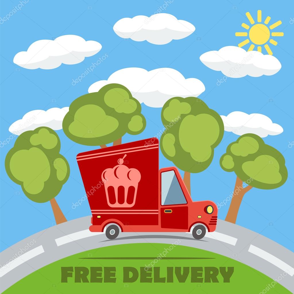Free delivery van truck with cake vinyl logo on the road with trees, clouds and sun. Vector concept.