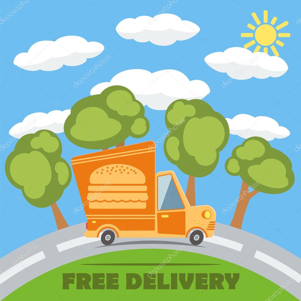 Free delivery van truck with hamburger vinyl logo on the road with trees, clouds and sun. Vector concept.