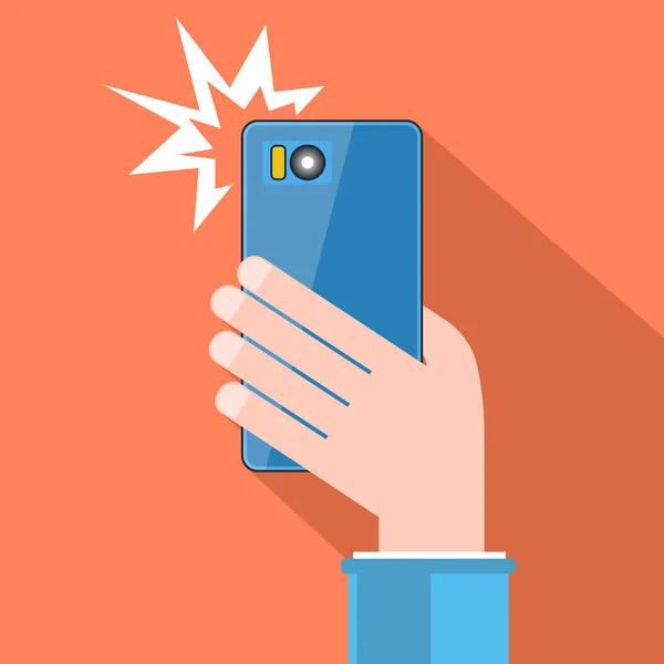 Nemen selfie met flits. Hand met smartphone. Vector. — Stockvector