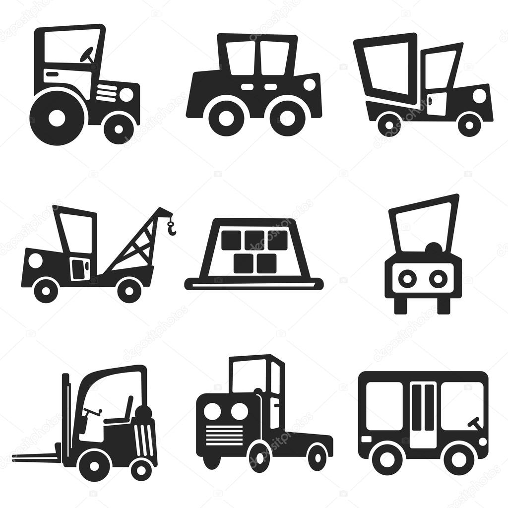 Cars web and mobile logo icons set in flat design on white back. Vector symbols of taxi, sedan, truck, lory, pickup, loader, tractor, evacuator