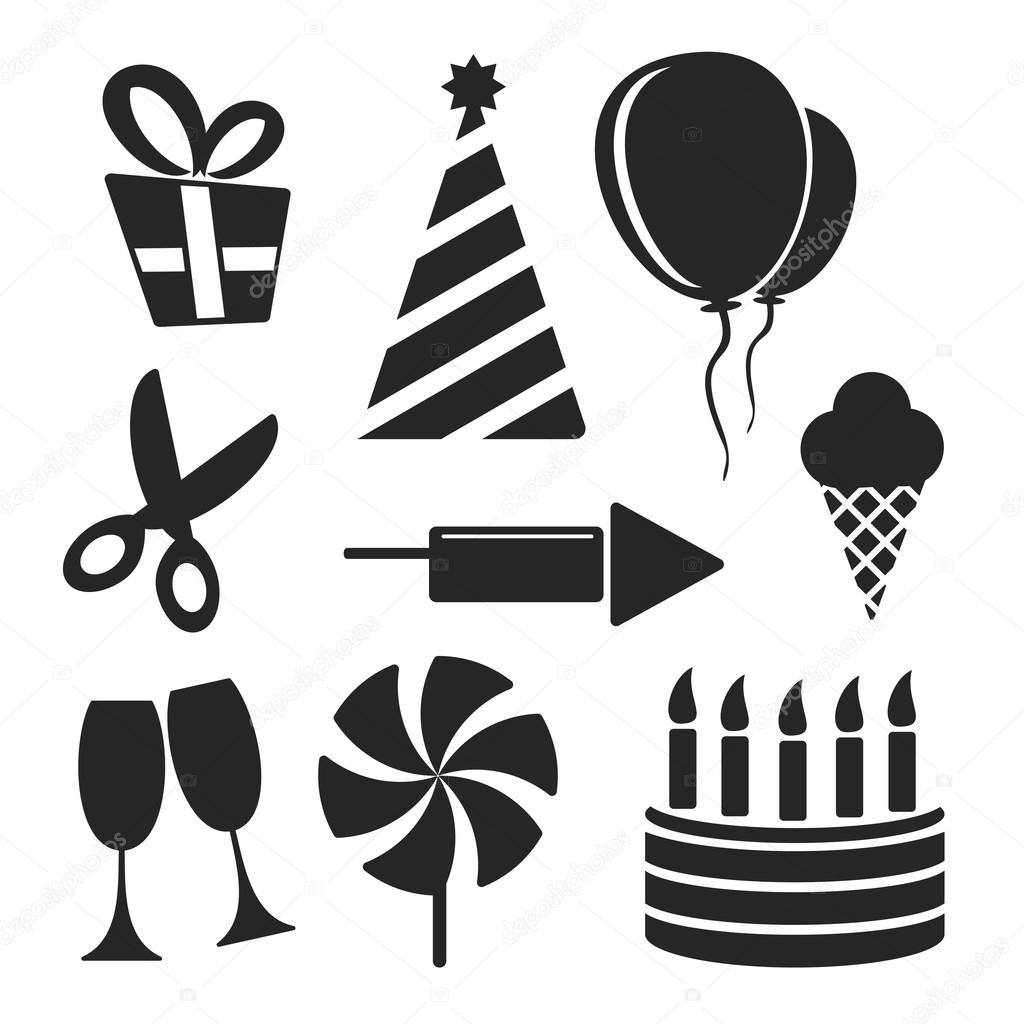 Fiesta vector web and mobile logo icons isolated on white. Symbols of gift, scissors, wineglass, festive cap, cake, candles, ice cream, balloons, whirligig, fireworks
