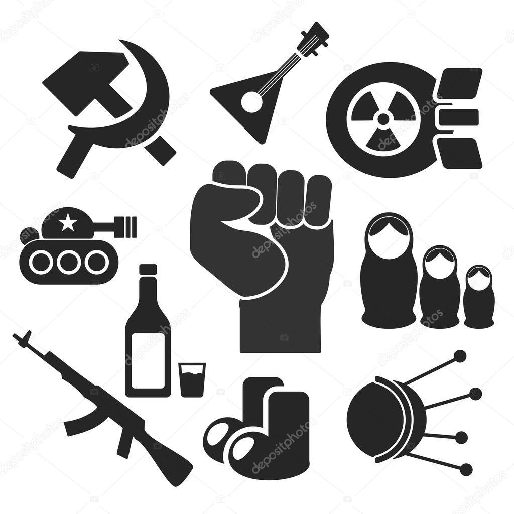 Russian web and mobile logo icons collection isolated on white back. Vector symbols of fist, felt boots, balalaika, satellite, sputnik, tank, hammer and sickle, nuke, vodka, matrioshka, ak