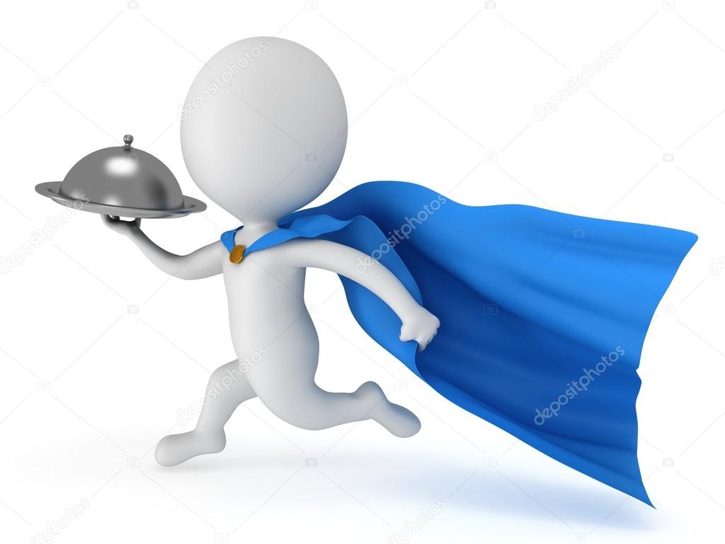 Brave superhero waiter with silver tray