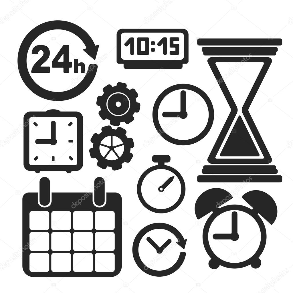 Set of interface clock and web and mobile logo icons isolated on white. Vector symbols.