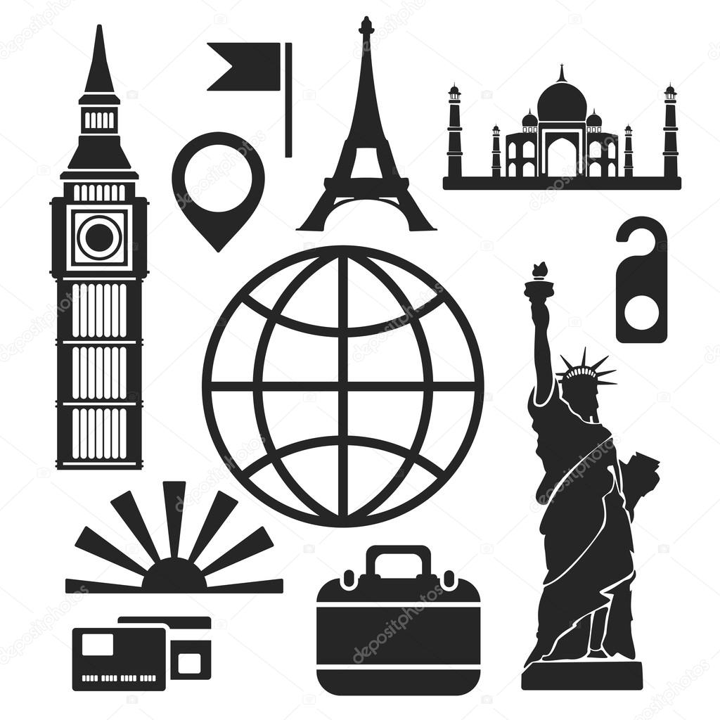 Travel web and mobile logo icons isolated on white. Vector symbols of world wonders and sights
