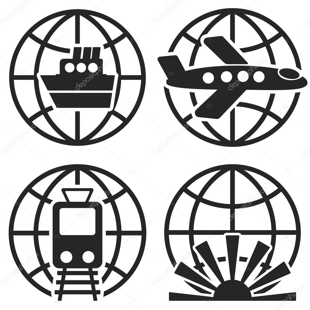 Ship Plane Train and Globe Sign. Vector logo templates. Design elements.