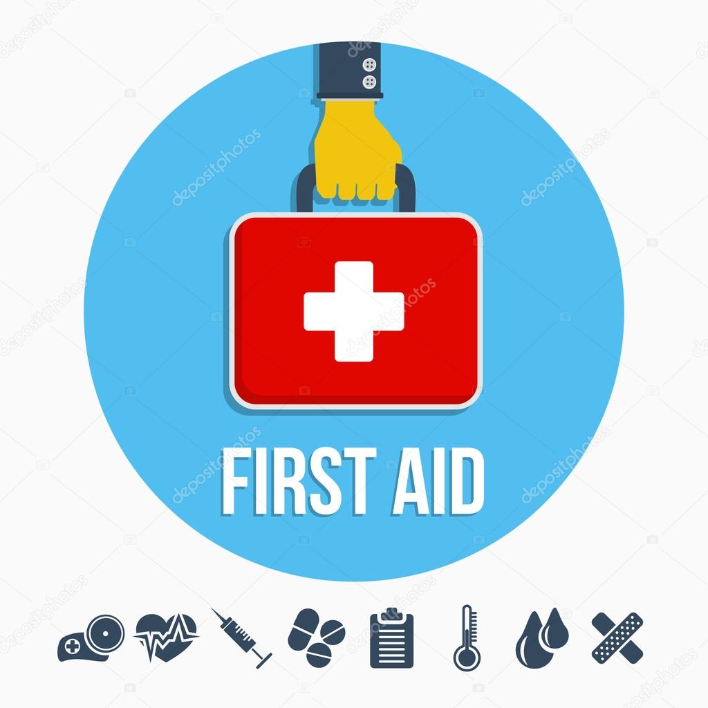 First aid kit concept with hand holding medicine chest with cross and healthcare icons flat vector illustration
