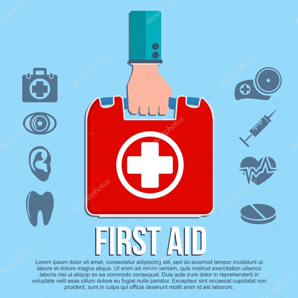 First aid kit concept with hand holding medicine chest with cross and healthcare icons flat vector illustration
