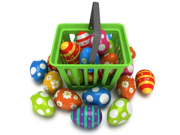 Huevos de Pascua en cesta de la compra — Foto de Stock