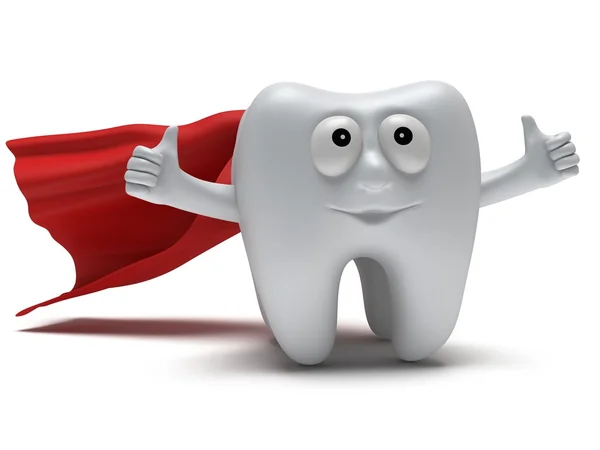 Cute healthy superhero tooth with hands shows thumbs up — Stock Photo, Image