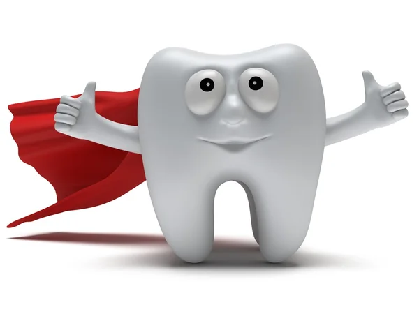 Cute healthy superhero tooth with hands shows thumbs up — Stock Photo, Image