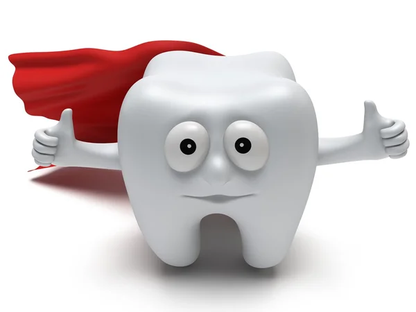 Cute healthy superhero tooth with hands shows thumbs up — Stock Photo, Image