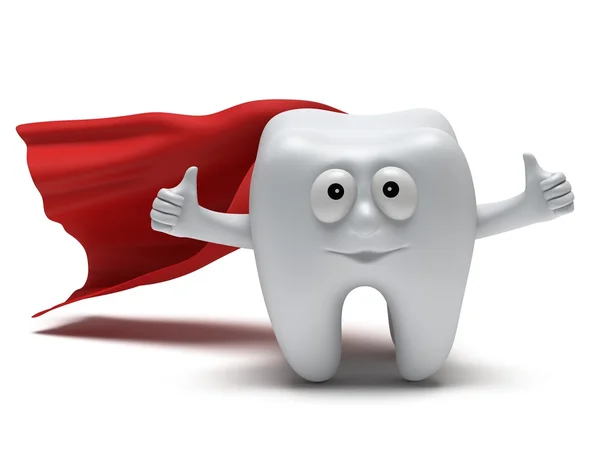 Cute healthy superhero tooth with hands shows thumbs up — Stock Photo, Image