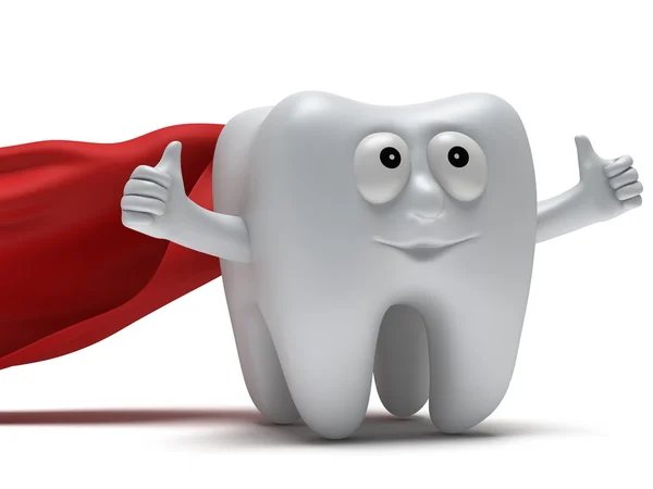 Cute healthy superhero tooth with hands shows thumbs up — Stock Photo, Image