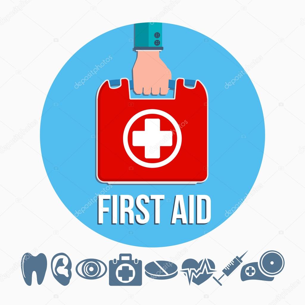 First aid kit concept with hand holding medicine chest with cross and healthcare icons flat vector illustration