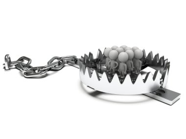 Beyaz izole kişi ile metal hayvan tuzağı