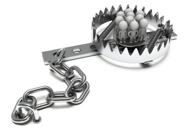 Beyaz izole kişi ile metal hayvan tuzağı