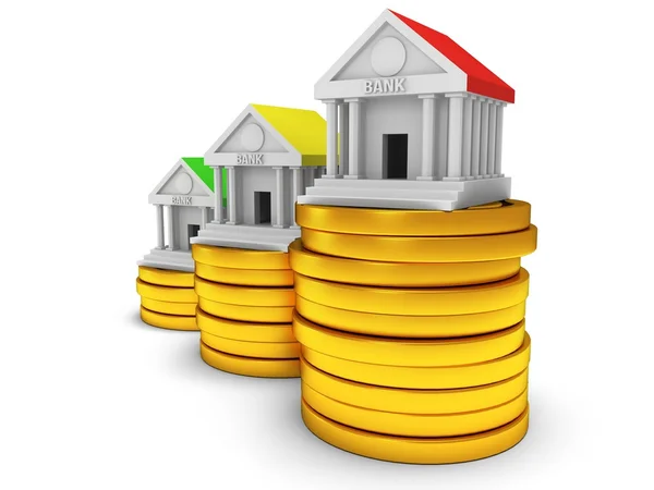 Bank gebouwen op stapel van munten. — Stockfoto