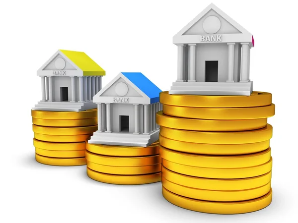 Bank buildings on stack of coins. — Stock Photo, Image