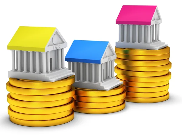Bank buildings on stack of coins. — Stock Photo, Image