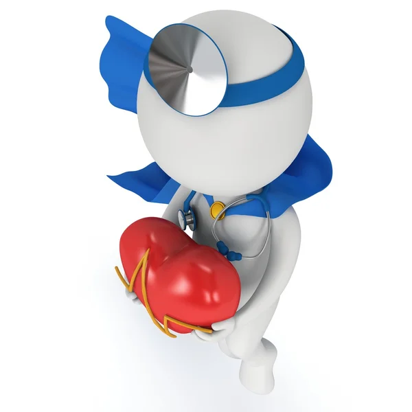 Super doktor s červeným srdcem s kardiogram — Stock fotografie