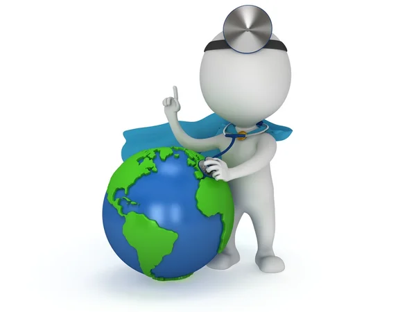 Superhero Doctor with earth globe. World health day concept. — Stock Photo, Image