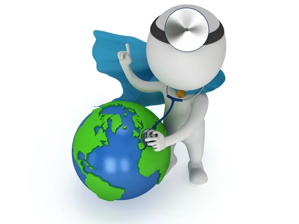 Superhero Doctor with earth globe. World health day concept. — Stock Photo, Image