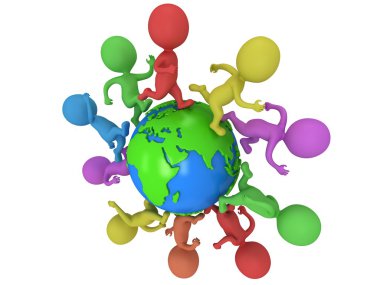 Small colored people running around the world clipart