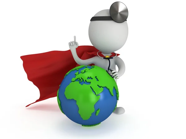 Superhero Doctor with earth globe. World health day concept. — Stock Photo, Image