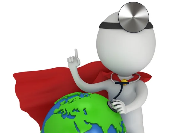 Superhero Doctor with earth globe. World health day concept. — Stock Photo, Image