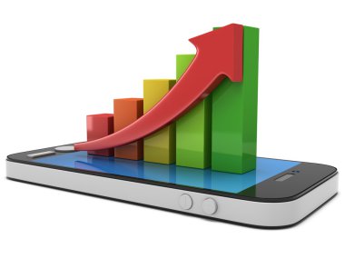 Smartphone cep telefonu ile kırmızı ok ile renkli çubuk grafik